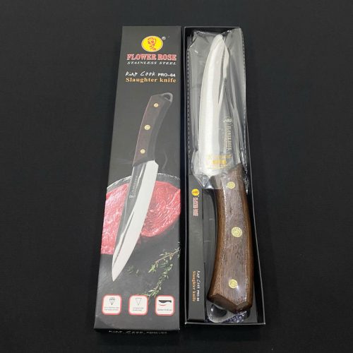 Dao có vân khía đen cán gỗ PRO-64 – lưỡi dao inox cao cấp, vân khía chống dính, cán gỗ nâu sang trọng cho thao tác cắt thái mượt mà.