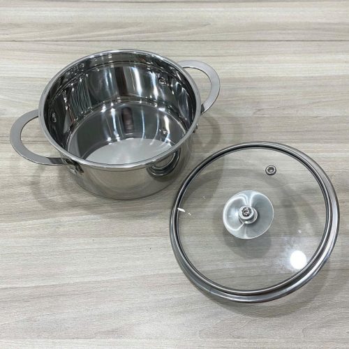 Nồi inox 2 quai nắp kính sang trọng, bền đẹp, dùng cho nhà hàng và gia đình.