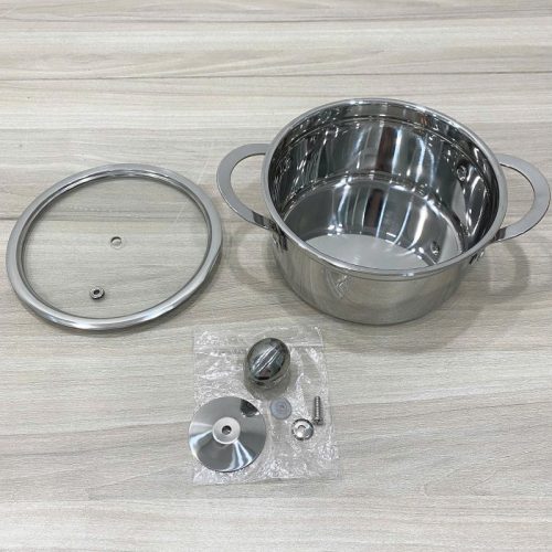 Nồi inox 2 quai nắp kính sang trọng, bền đẹp, dùng cho nhà hàng và gia đình.