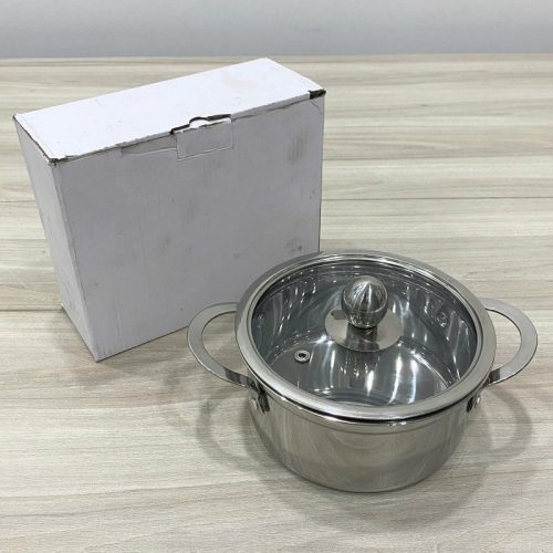 Nồi inox 2 quai nắp kính sang trọng, bền đẹp, dùng cho nhà hàng và gia đình.