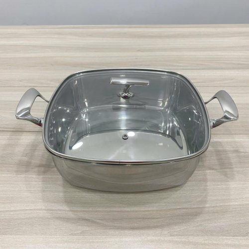 Nồi vuông inox bóng nắp kính 28cm SKU 110712 – nồi inox cao cấp, sáng bóng, giữ nhiệt tốt, phù hợp cho bếp nhà hàng và gia đình.