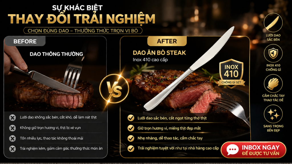 DAO ĂN BÒ SONG QUÁN: SẮC BÉN VÀ CHẮC TAY CHO MỖI PHẦN STEAK 3 (Dao steak inox tạo đường cắt sắc gọn, hạn chế xé thịt và mang lại trải nghiệm chuyên nghiệp hơn so với dao thông thường)