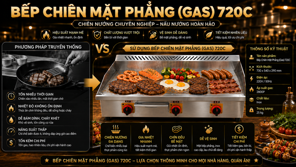 Bếp chiên mặt phẳng gas 720C tối ưu quy trình chế biến 