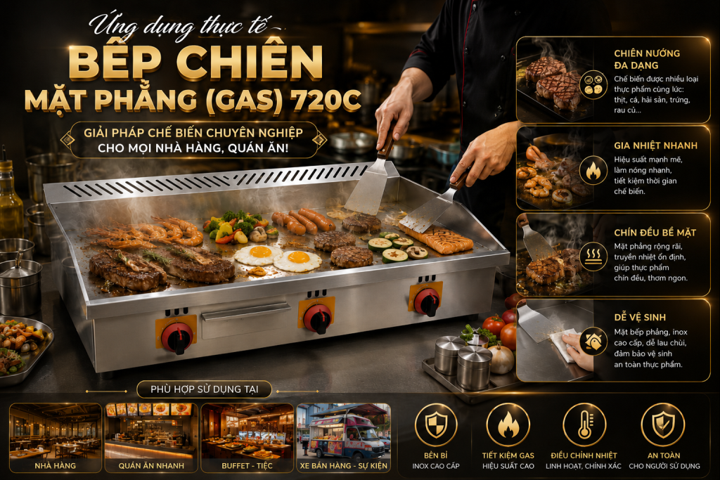 Bếp chiên mặt phẳng gas 720C Song Quán 