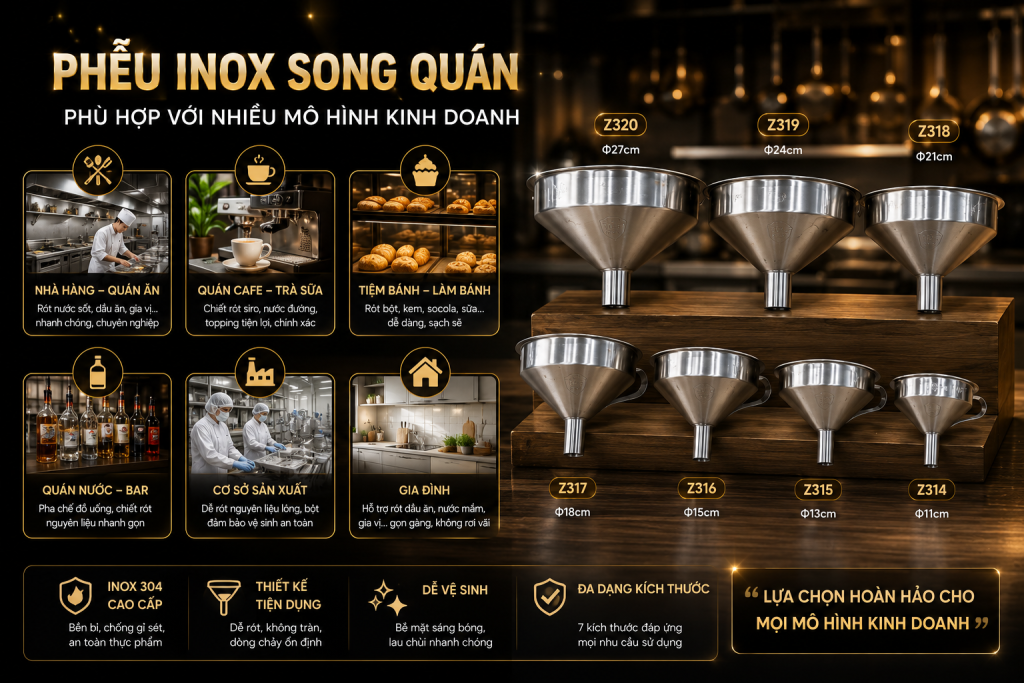 Phễu inox Song Quán sử dụng trong nhà hàng khách sạn 