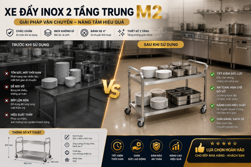 So sánh vận chuyển thủ công và xe đẩy inox 2 tầng Song Quán