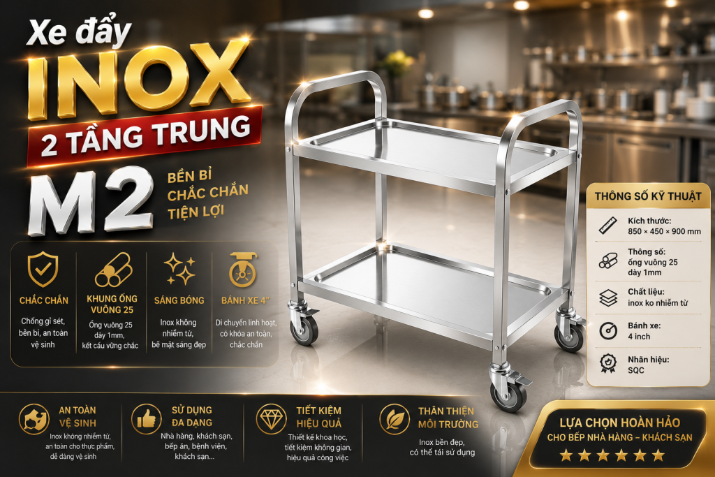 Xe đẩy inox 2 tầng Song Quán trong bếp công nghiệp