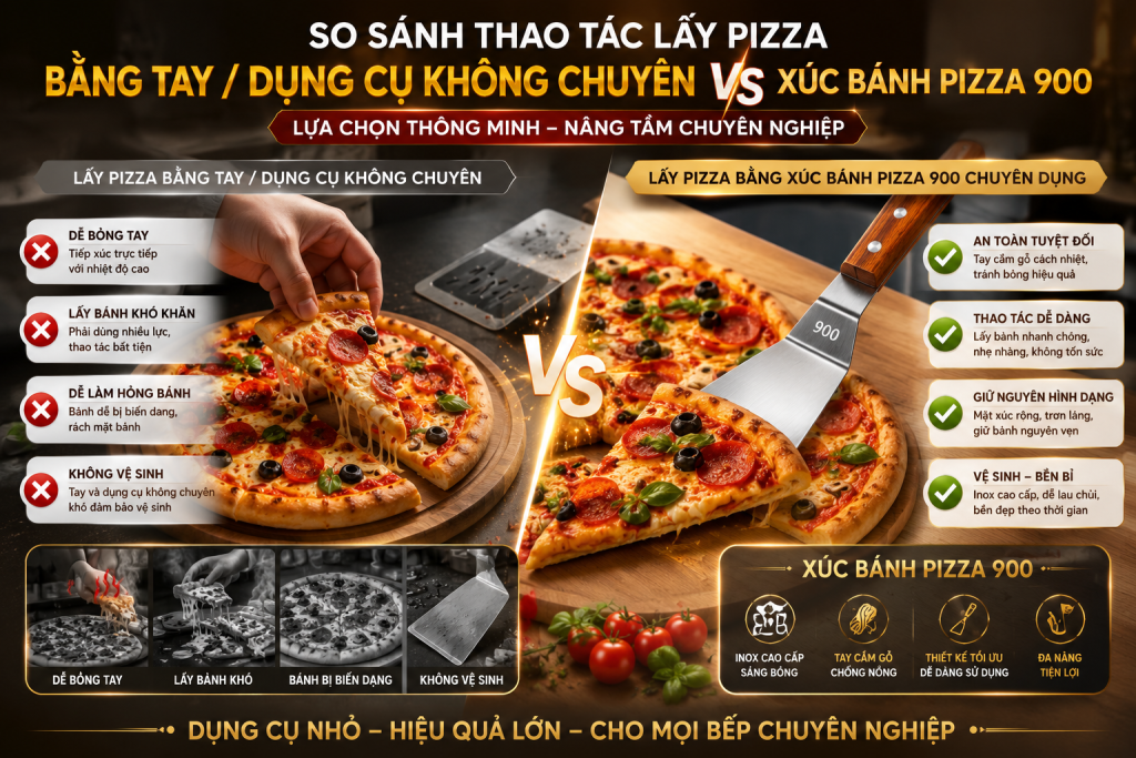 So sánh thao tác lấy pizza bằng dụng cụ thông thường và xúc bánh pizza Song Quán 