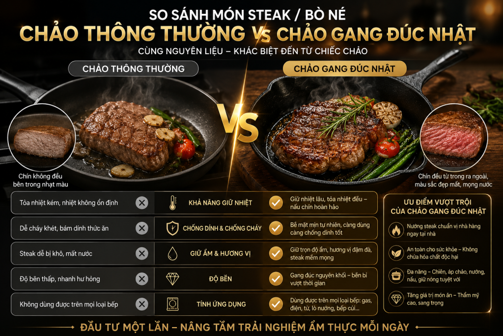 So sánh chảo thông thường và chảo gang đúc Nhật Song Quán  