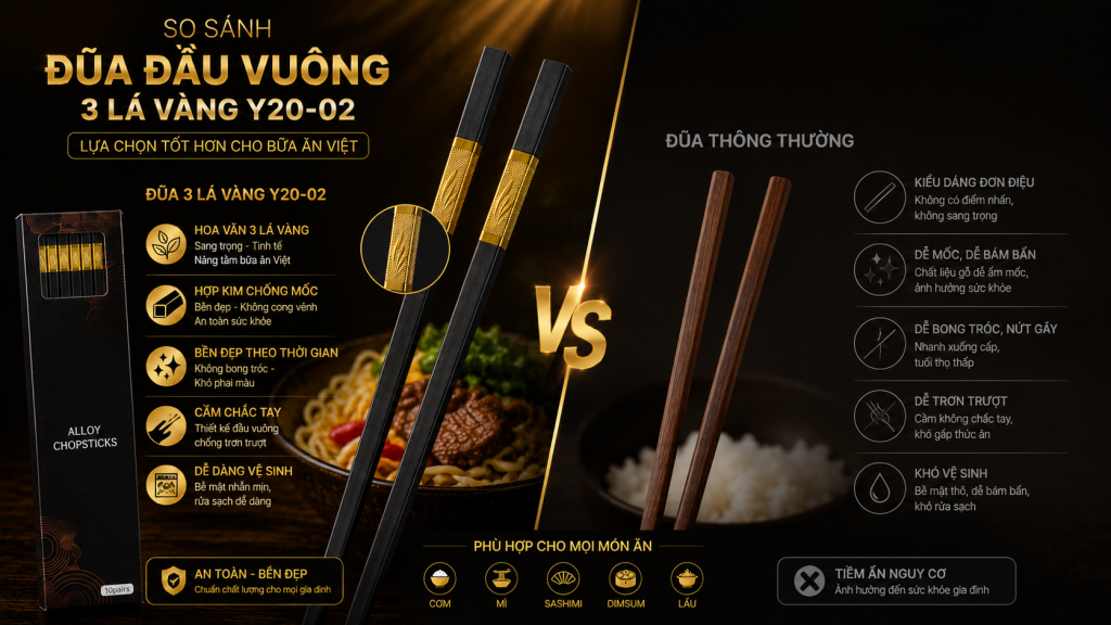 So sánh đũa thông thường và đũa đầu vuông 3 lá vàng Song Quán   