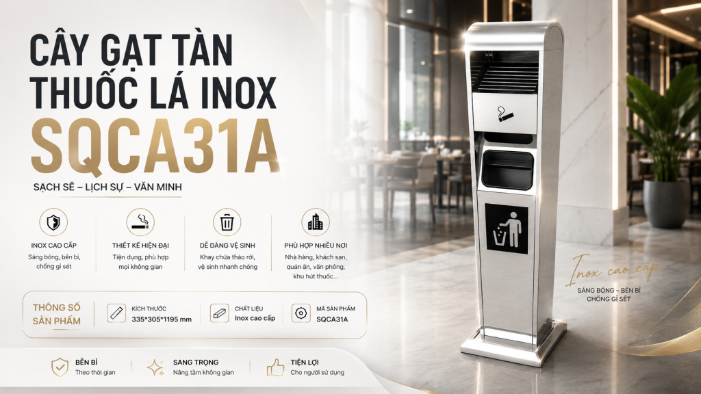 SONG QUÁN CHIA SẺ ỨNG DỤNG CỦA CÂY GẠT TÀN THUỐC LÁ INOX TRONG NHÀ HÀNG, KHÁCH SẠN 3 (Cây gạt tàn thuốc lá inox SQCA31A của Song Quán sở hữu thiết kế hiện đại, tích hợp khay gạt tàn và thùng rác tiện lợi, phù hợp sử dụng tại nhà hàng, khách sạn, resort, văn phòng và nhiều không gian công cộng. )
