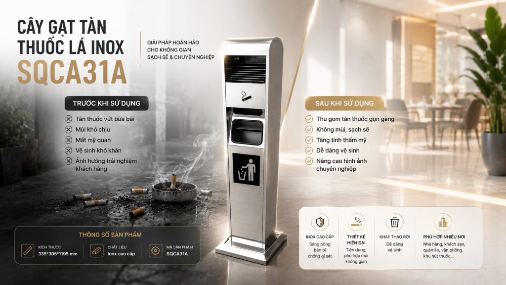 SONG QUÁN CHIA SẺ ỨNG DỤNG CỦA CÂY GẠT TÀN THUỐC LÁ INOX TRONG NHÀ HÀNG, KHÁCH SẠN 2 (So sánh khu vực hút thuốc trước và sau khi sử dụng cây gạt tàn thuốc lá inox SQCA31A)