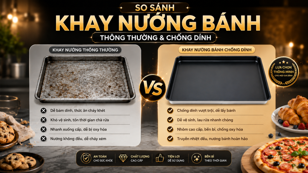 So sánh khay nướng thông thường và khay chống dính Song Quán 