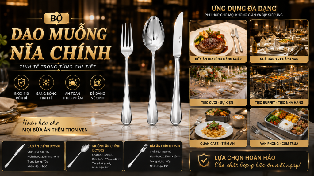 VÌ SAO BỘ DAO MUỖNG NĨA ĂN CHÍNH TẠI SONG QUÁN ĐƯỢC NHIỀU NHÀ HÀNG - KHÁCH SẠN ƯA CHUỘNG 5 (bộ dao muỗng nĩa ăn chính DC Song Quán phù hợp cho nhà hàng, khách sạn, resort, buffet, trung tâm hội nghị và các chuỗi F&B, góp phần nâng cao chất lượng phục vụ và hình ảnh thương hiệu. )