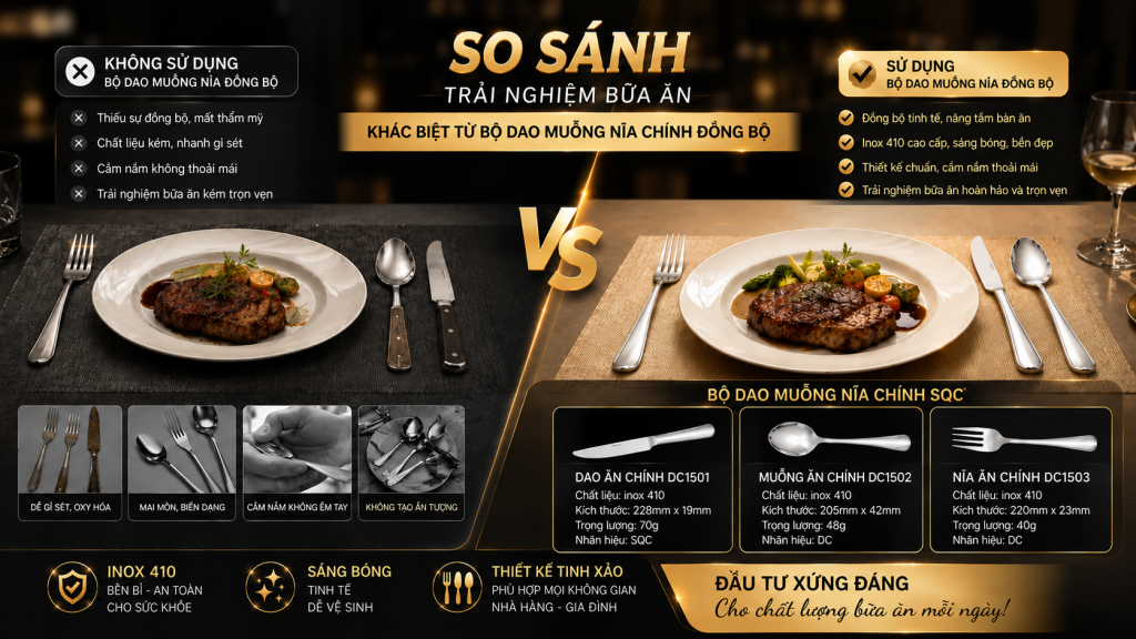 VÌ SAO BỘ DAO MUỖNG NĨA ĂN CHÍNH TẠI SONG QUÁN ĐƯỢC NHIỀU NHÀ HÀNG - KHÁCH SẠN ƯA CHUỘNG 3 (Sử dụng bộ dao muỗng nĩa ăn chính nhà hàng đồng bộ giúp bàn ăn hài hòa, dễ quản lý số lượng và tối ưu chi phí thay thế hơn so với việc sử dụng các sản phẩm riêng lẻ.)