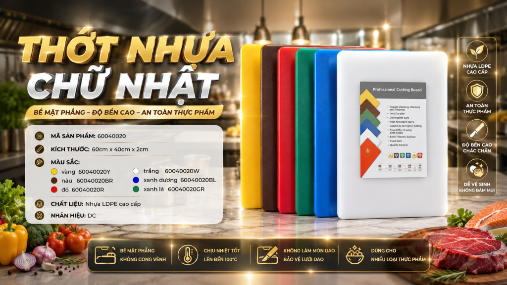 (Bộ 6 màu thớt nhựa chữ nhật Song Quán giúp phân loại thực phẩm theo tiêu chuẩn bếp chuyên nghiệp, hạn chế nhiễm khuẩn chéo ngay từ khâu sơ chế. )