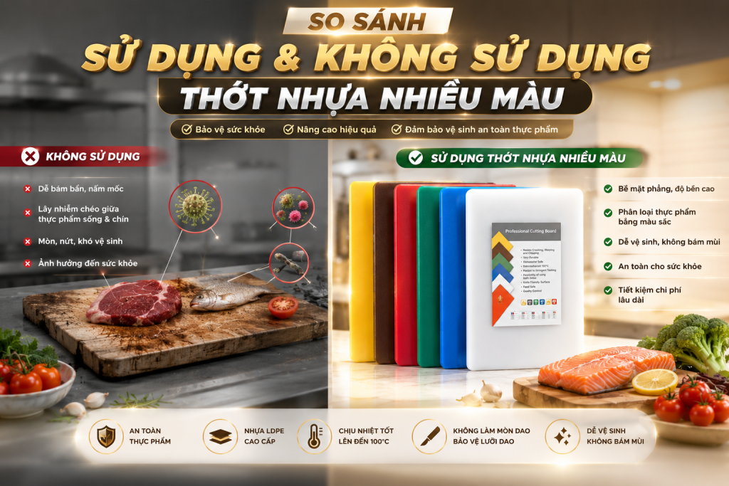 (Sử dụng bộ thớt nhựa nhiều màu giúp quy trình sơ chế khoa học hơn, giảm nhầm lẫn và nâng cao tiêu chuẩn an toàn thực phẩm so với việc dùng chung một chiếc thớt) 