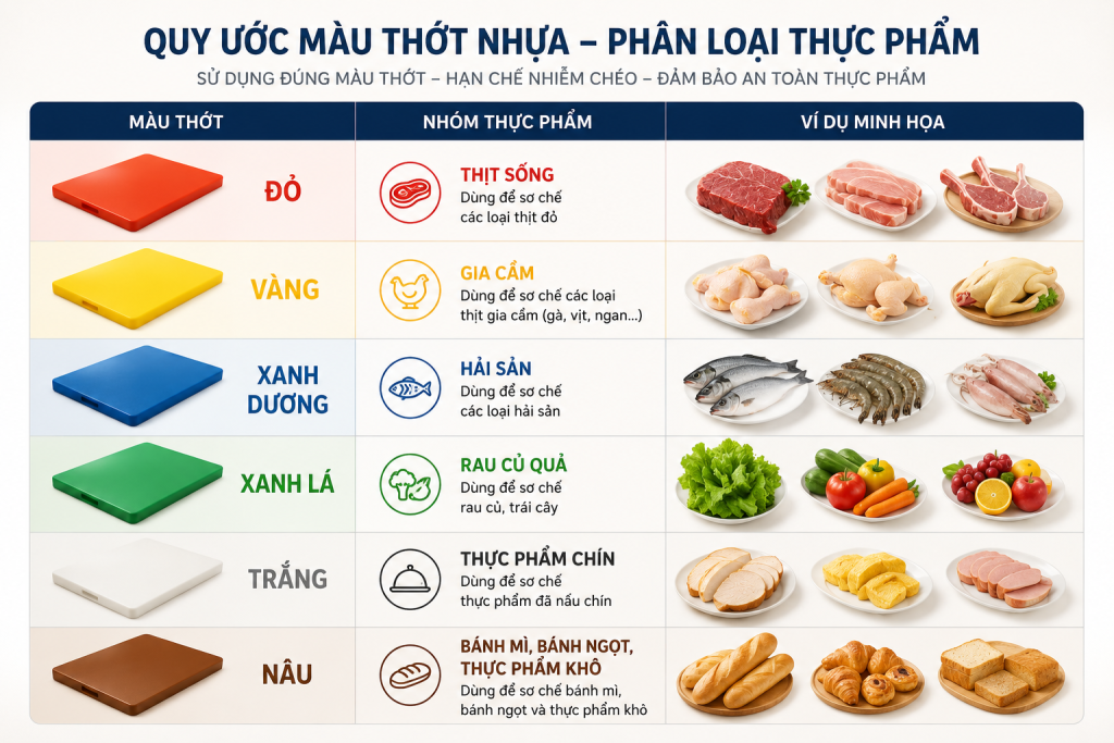 (Quy ước 6 màu thớt nhựa theo tiêu chuẩn quốc tế giúp đầu bếp nhận biết nhanh từng nhóm thực phẩm và chuẩn hóa quy trình sơ chế.)
