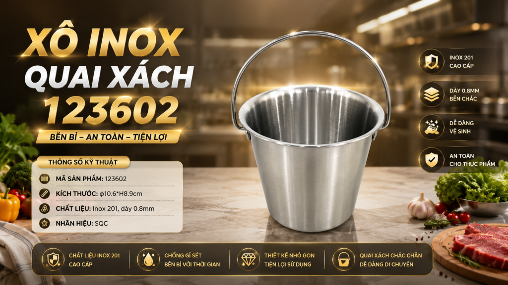 VÌ SAO XÔ INOX QUAI XÁCH SONG QUÁN ĐƯỢC ƯA CHUỘNG TRONG BẾP CÔNG NGHIỆP 6 (Xô inox quai xách Song Quán được làm từ inox 201 dày 0,8 mm, bề mặt sáng đẹp, dễ vệ sinh và phù hợp với môi trường bếp chuyên nghiệp có cường độ làm việc cao.)