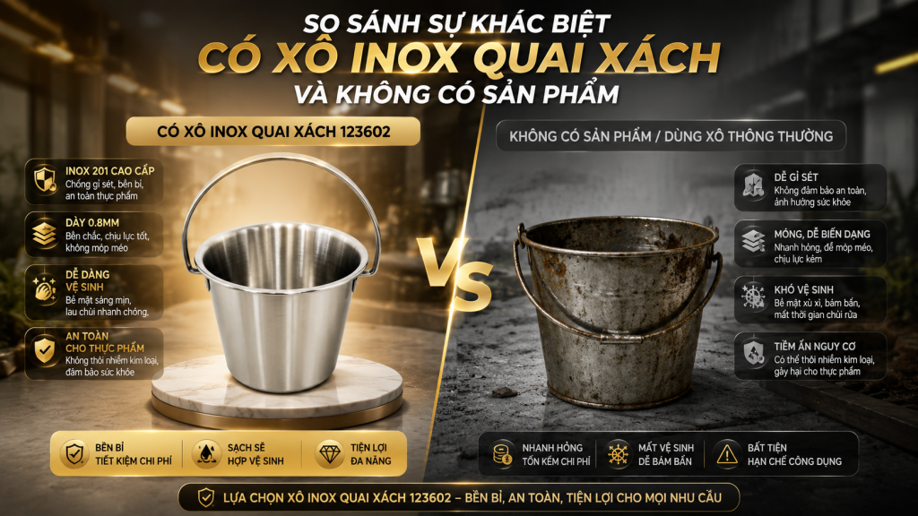 VÌ SAO XÔ INOX QUAI XÁCH SONG QUÁN ĐƯỢC ƯA CHUỘNG TRONG BẾP CÔNG NGHIỆP 2 (Xô inox quai xách giúp nâng cao hiệu quả vận hành bếp công nghiệp với khả năng vệ sinh dễ dàng, độ bền cao và quai xách chắc chắn, vượt trội so với các loại xô thông thường)