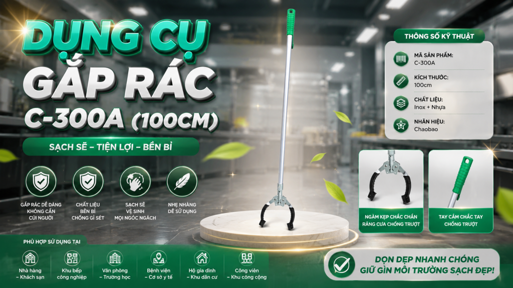 DỤNG CỤ GẮP RÁC SONG QUÁN GIÚP BẠN GIỮ VỆ SINH KHÔNG GIAN NHƯ THẾ NÀO? 4 (Dụng cụ gắp rác C-300A được chế tạo từ inox kết hợp tay cầm nhựa chắc chắn, đầu kẹp linh hoạt và thiết kế bền bỉ, phù hợp với nhu cầu sử dụng thường xuyên.)