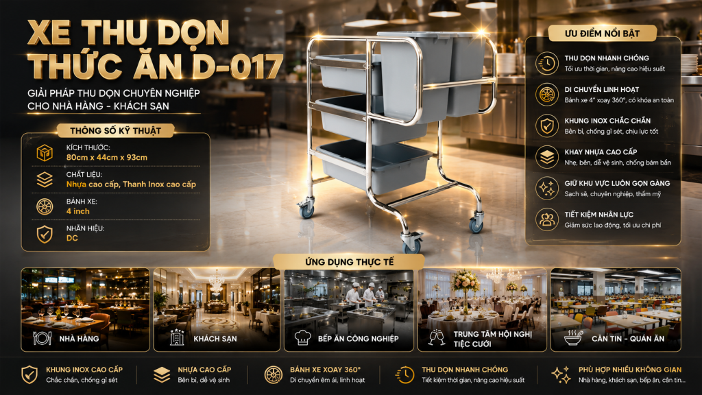 (Xe thu dọn thức ăn D-017 phù hợp cho nhà hàng, khách sạn, bếp ăn công nghiệp, trường học, bệnh viện và căng tin, giúp tối ưu quy trình thu gom sau phục vụ và tiết kiệm nhân công.)