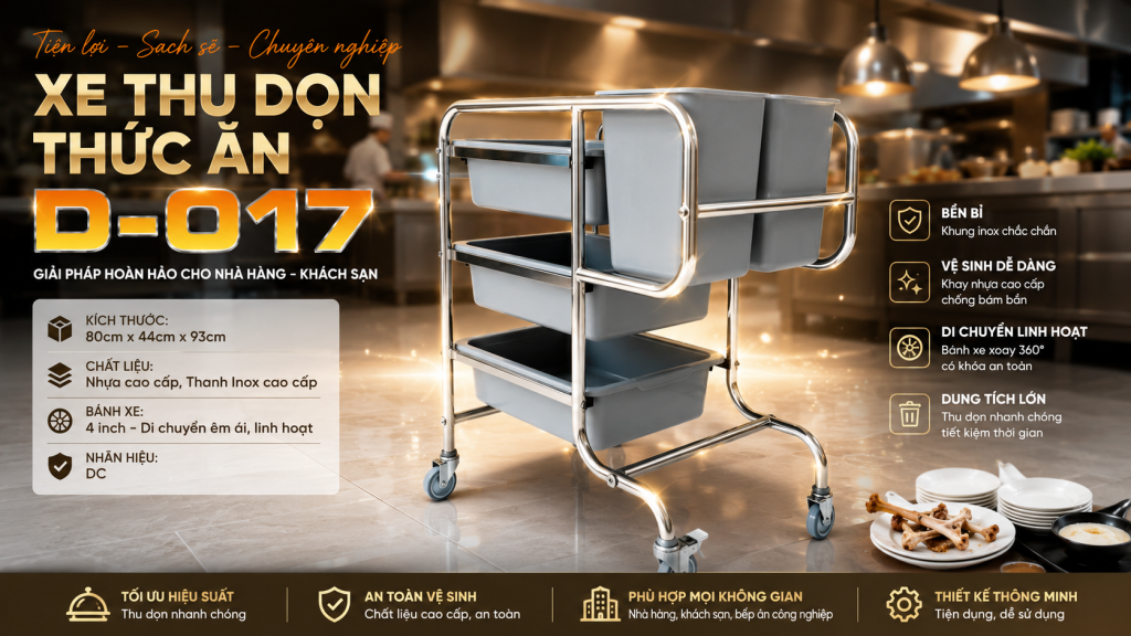 (Xe thu dọn thức ăn D-017 giúp thu gom chén đĩa, thức ăn thừa nhanh chóng, rút ngắn thời gian dọn bàn và nâng cao hiệu quả phục vụ trong nhà hàng, khách sạn. )