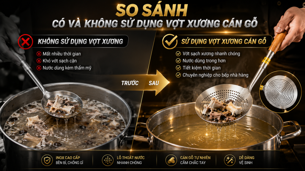 VỢT XƯƠNG CÁN GỖ SONG QUÁN PHÙ HỢP VỚI NHỮNG MÓN ĂN NÀO 2 (Sử dụng vợt xương cán gỗ giúp lọc cặn, hớt bọt và vớt xương nhanh chóng, giữ nước dùng trong hơn và tiết kiệm thời gian so với các dụng cụ thông thường.)