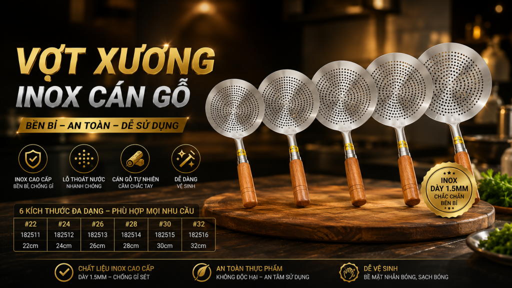 VỢT XƯƠNG CÁN GỖ SONG QUÁN PHÙ HỢP VỚI NHỮNG MÓN ĂN NÀO 5 (Vợt xương cán gỗ Song Quán là lựa chọn phù hợp cho quán phở, quán bún bò, nhà hàng, khách sạn, buffet và bếp ăn công nghiệp, góp phần tối ưu quy trình nấu nước dùng và nâng cao hiệu quả vận hành.)