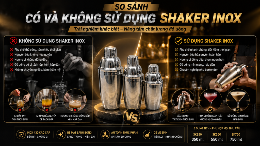 (Sử dụng shaker inox giúp quá trình pha chế nhanh hơn, hạn chế rò rỉ, tạo hương vị ổn định và nâng cao hiệu quả phục vụ so với các dụng cụ pha chế thông thường.)