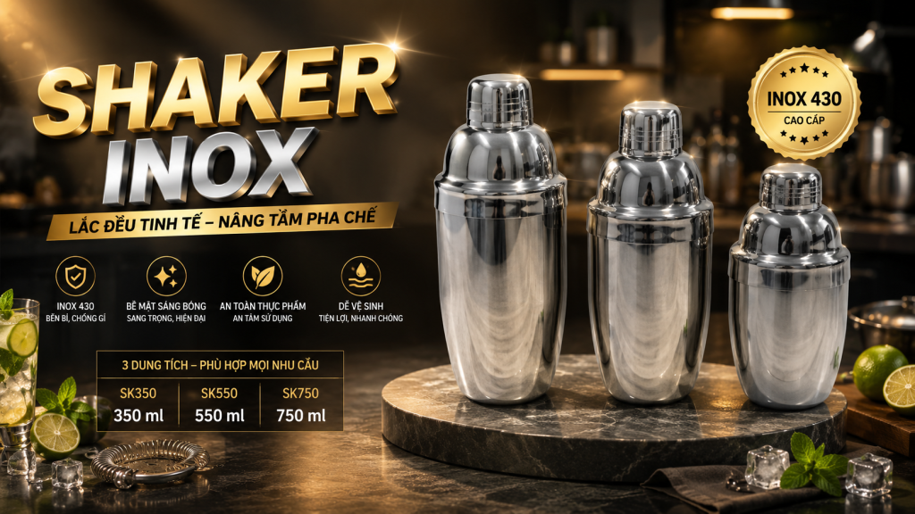 (Shaker inox Song Quán giúp nguyên liệu hòa quyện nhanh, tạo độ lạnh lý tưởng và mang đến hương vị đồng đều cho cà phê, cocktail, trà sữa và nhiều loại đồ uống khác. )