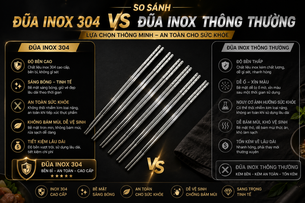 (So sánh đũa inox 304 Song Quán sáng bóng, chống gỉ với đũa inox thông thường đã xỉn màu sau thời gian sử dụng.)