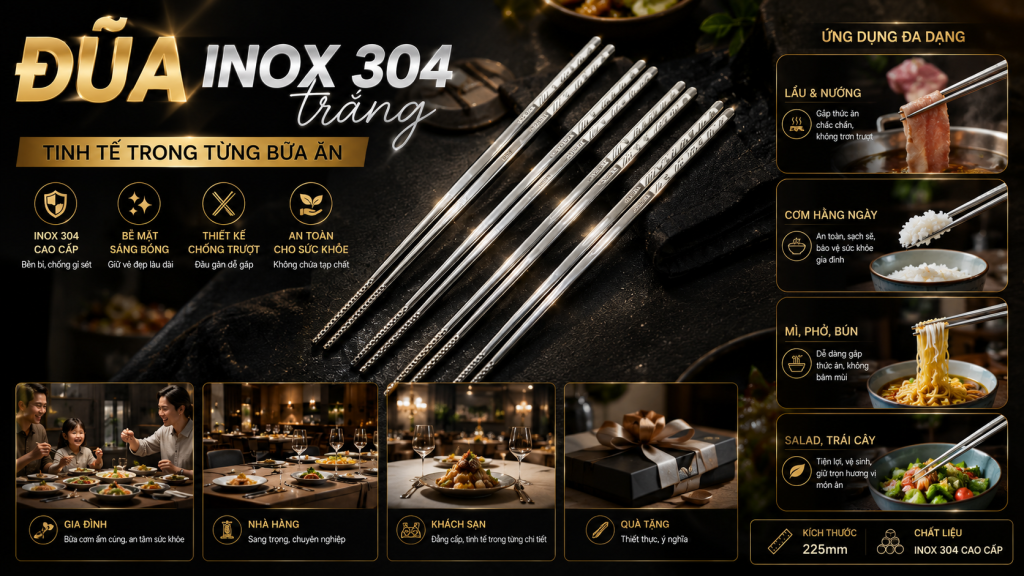 (Đũa inox 304 Song Quán được sử dụng tại nhà hàng, khách sạn và bếp ăn công nghiệp với không gian phục vụ chuyên nghiệp.) 