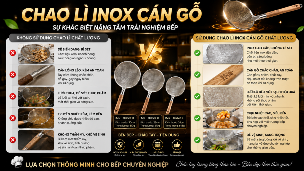 (So sánh hiệu quả thoát dầu, độ bền và khả năng cách nhiệt giữa chao lì thông thường và chao lì inox cán gỗ SQC.)