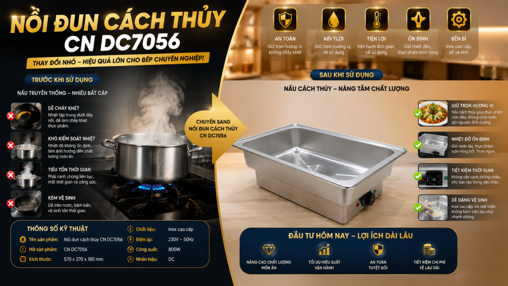 VÌ SAO NỒI ĐUN CÁCH THUỶ TẠI SONG QUÁN ĐƯỢC NHIỀU NHÀ HÀNG LỰA CHỌN 2 (So sánh phương pháp giữ nóng truyền thống và nồi đun cách thủy CN DC7056 trong quá trình phục vụ thực phẩm. )