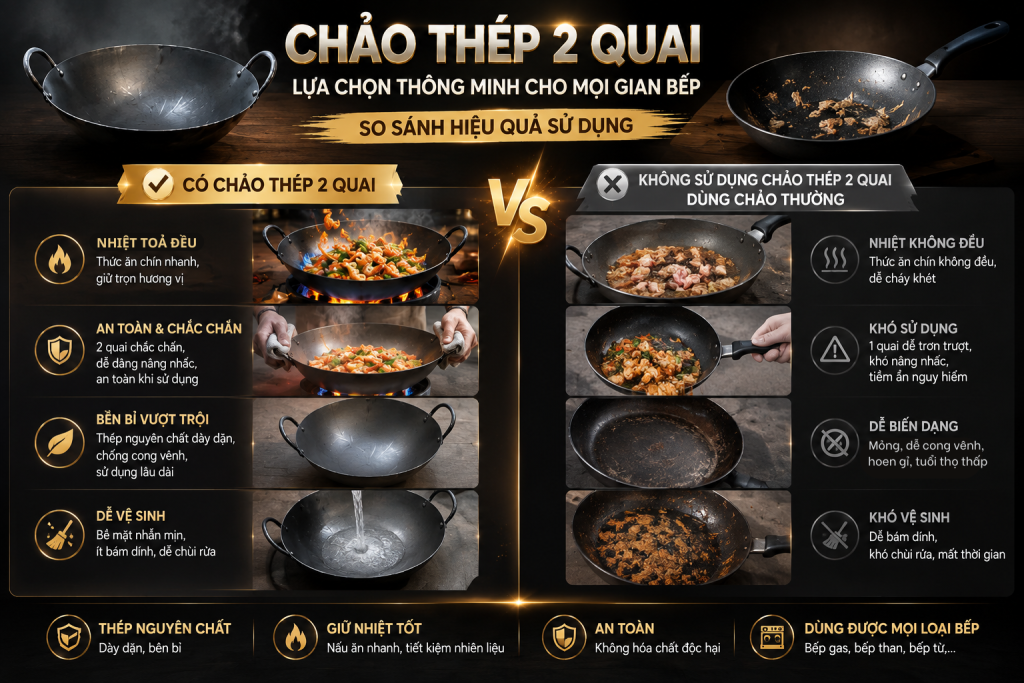 KHÁM PHÁ CHẢO THÉP 2 QUAI CHỊU NHIỆT CAO TẠI SONG QUÁN CHO BẾP CÔNG NGHIỆP 2 (So sánh chảo thông thường và chảo thép 2 quai trong quá trình chế biến tại bếp công nghiệp. )