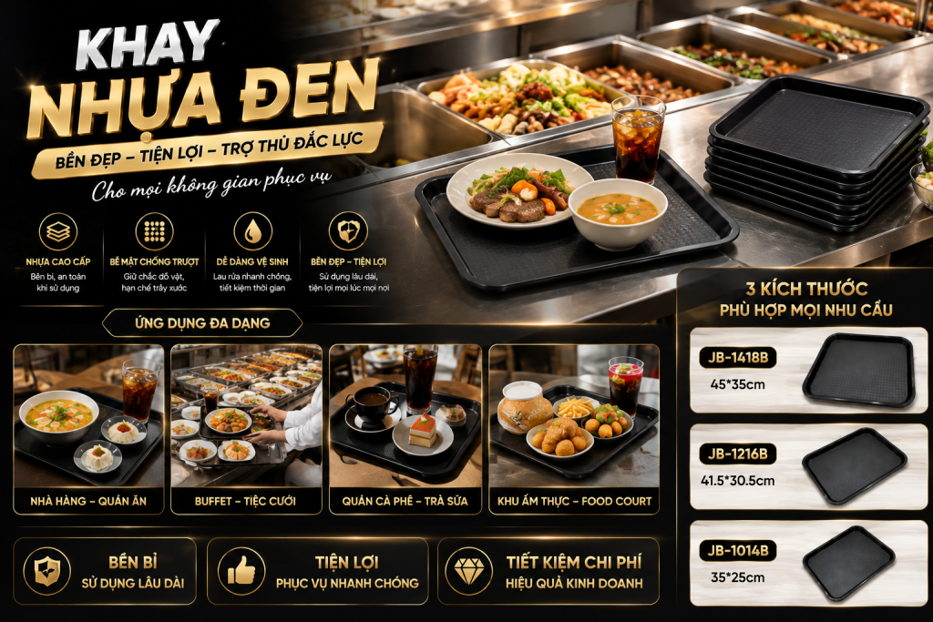 (Khay nhựa đen SQC được sử dụng tại quán cà phê, nhà hàng, khách sạn và quầy buffet để phục vụ đồ uống, món ăn và thu dọn bàn. )