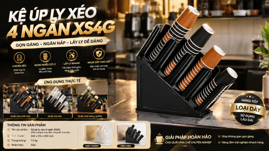 GIỮ QUẦY PHA CHẾ GỌN GÀNG, TIẾT KIỆM KHÔNG GIAN CÙNG KỆ XẾP LY NHỰA 4 NGĂN SONG QUÁN 4 (Kệ úp ly xéo 4 ngăn SQC với thiết kế 4 ngăn dạng xéo, hỗ trợ sắp xếp ly gọn gàng và tiết kiệm diện tích quầy pha chế.)